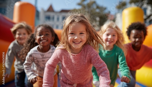 Children Playing Joyfully on a Bouncy Castle During a Sunny Afternoon in the ...