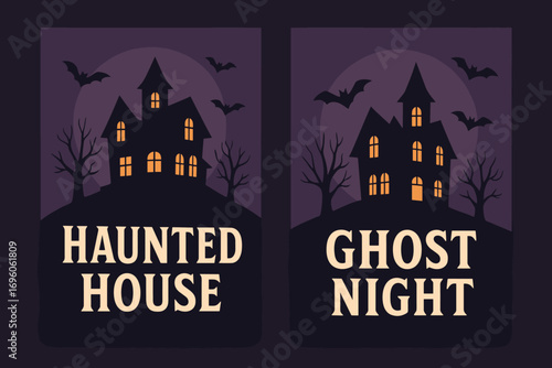 Two vertical A6 banners flat vector design dark purple background haunted house on the hill glowing leafless trees flying bats first banner with text Haunted House second banner with text.