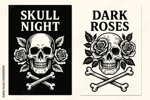 Two vertical A6 banners flat vector design black and white backgrounds gothic skull illustrations roses and bones tattoo style first banner with text Skull Night second banner with text.