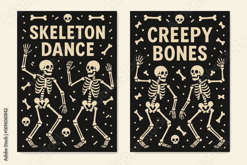 Two vertical A6 banners flat vector design black background skeletons dancing bones and skulls decorative pattern party vibe first banner with text Skeleton Dance second banner with text.