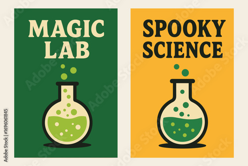 Two vertical A6 banners flat vector design green and backgrounds bubbling potion bottles lab theme halloween alchemy first banner with text Magic Lab second banner with text Spooky Science.