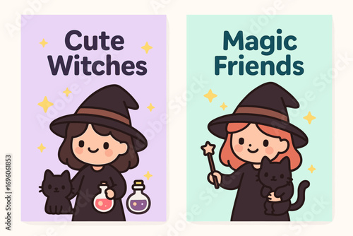 Two vertical A6 banners flat vector design pastel purple and mint backgrounds kawaii witches cats potions stars first banner with text Cute Witches second banner with text Magic Friends.