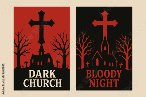 Two vertical A6 banners flat vector design crimson red and black backgrounds gothic crosses haunted church silhouette first banner with text Dark Church second banner with text Bloody Night.