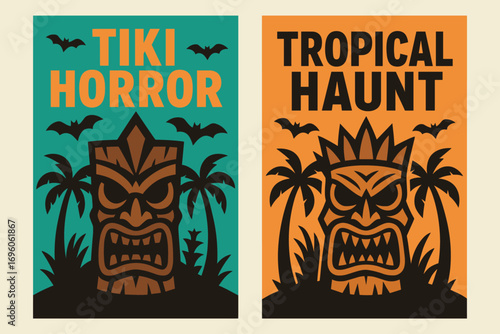 Two vertical A6 banners flat vector design turquoise and orange backgrounds haunted tiki masks tropical spooky theme palm trees and bats first banner with text Tiki Horror second banner.