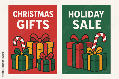 Two vertical A6 banners flat vector design red and green backgrounds wrapped gift boxes with ribbons bows and candy canes first banner with text Christmas Gifts second banner with text.