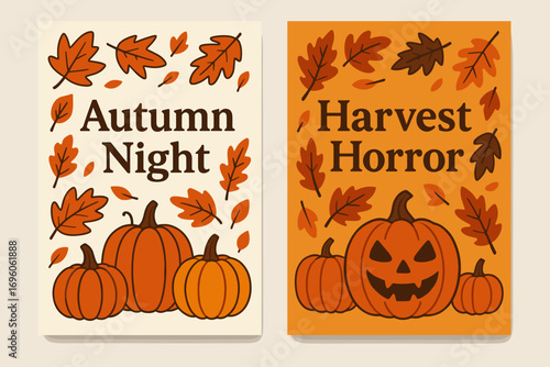 Two vertical A6 banners flat vector design cream and orange backgrounds autumn leaves pumpkins harvest theme halloween first banner with text Autumn Night second banner with text Harvest.