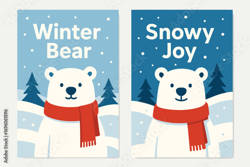 Two vertical A6 banners flat vector design blue and white backgrounds polar bear with scarf snowy landscape first banner with text Winter Bear second banner with text Snowy Joy text clear.