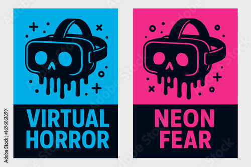Two vertical A6 banners flat vector design neon blue and magenta backgrounds haunted VR headset cyber horror theme first banner with text Virtual Horror second banner with text Neon Fear.