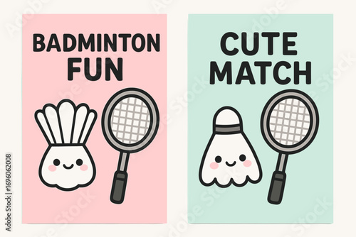 Two vertical A6 banners flat vector design pastel pink and mint backgrounds kawaii badminton shuttlecock and racket cute sport style first banner with text Badminton Fun second banner with.