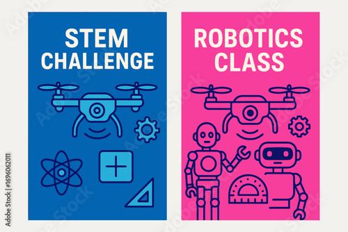 Two vertical A6 banners flat vector design neon blue and magenta backgrounds robotics competition with drones STEM theme first banner with text STEM Challenge second banner with text.