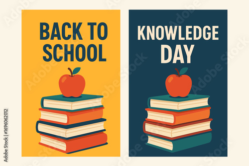 Two vertical A6 banners flat vector design and navy backgrounds stack of colorful books and on top classic school theme first banner with text Back to School second banner with text.