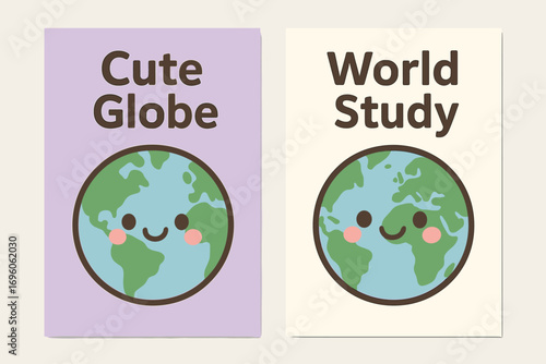 Two vertical A6 banners flat vector design lavender and cream backgrounds kawaii globe character with face geography cute theme first banner with text Cute Globe second banner with text.