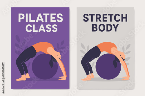Two vertical A6 banners flat vector design purple and silver backgrounds pilates ball with woman stretching gym class theme first banner with text Pilates Class second banner with text.
