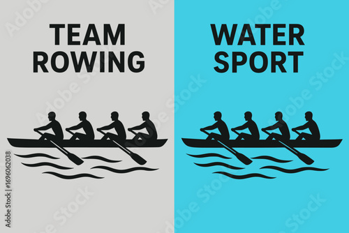 Two vertical A6 banners flat vector design silver and cyan backgrounds water rowing team silhouettes outdoor water sport first banner with text Team Rowing second banner with text Water.