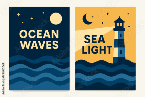 Two vertical A6 banners flat vector design dark blue and backgrounds ocean waves with lighthouse seaside night theme first banner with text Ocean Waves second banner with text Sea Light.