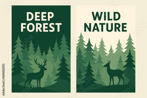 Two vertical A6 banners flat vector design dark green and cream backgrounds pine forest with deer silhouettes woodland theme first banner with text Deep Forest second banner with text Wild.