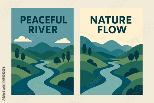 Two vertical A6 banners flat vector design blue and cream backgrounds river flowing through valley hills and trees first banner with text Peaceful River second banner with text Nature Flow.