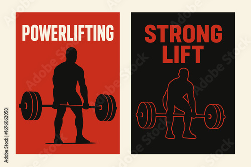 Two vertical A6 banners flat vector design red and black backgrounds barbell deadlift athlete silhouette powerlifting theme first banner with text Powerlifting second banner with text.