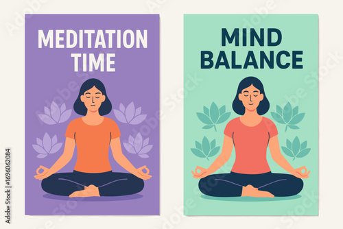 Two vertical A6 banners flat vector design purple and mint backgrounds meditation pose with lotus flowers mindfulness fitness first banner with text Meditation Time second banner with text.