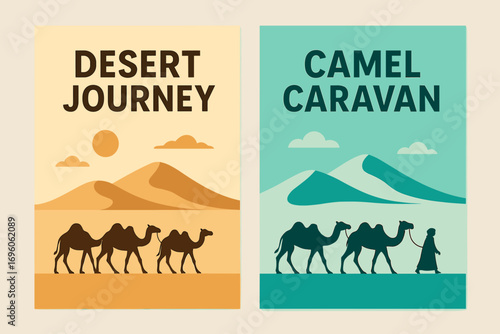 Two vertical A6 banners flat vector design beige and turquoise backgrounds desert caravan with camels travel theme first banner with text Desert Journey second banner with text Camel.