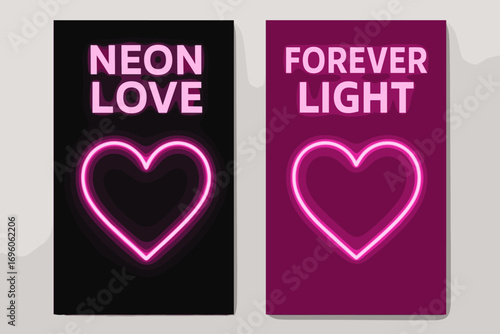 Two vertical A6 banners flat vector design black and pink backgrounds neon glowing hearts futuristic romance first banner with text Neon Love second banner with text Forever Light text.