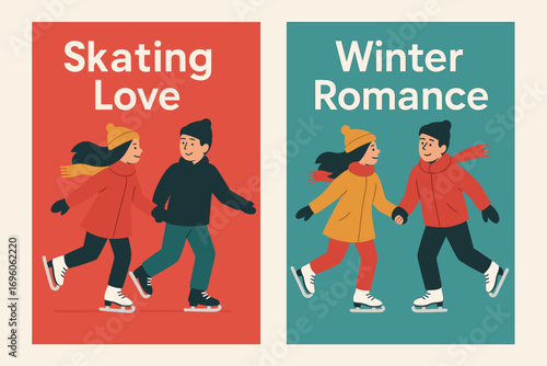 Two vertical A6 banners flat vector design red and turquoise backgrounds couple ice skating together winter romance first banner with text Skating Love second banner with text Winter.