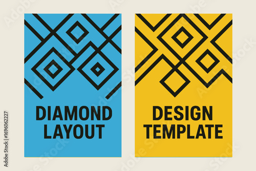 Two vertical A6 banners flat vector design sky blue and backgrounds geometric diamonds and lines pattern bold minimal first banner with text Diamond Layout second banner with text Design.