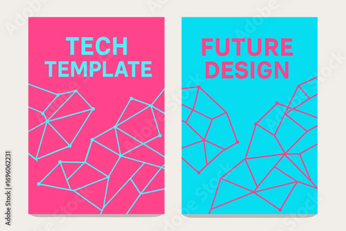 Two vertical A6 banners flat vector design neon pink and cyan backgrounds futuristic abstract polygons tech style first banner with text Tech Template second banner with text Future Design.
