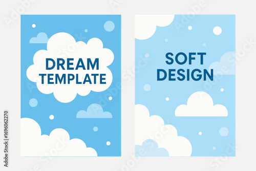Two vertical A6 banners flat vector design sky blue and white backgrounds abstract clouds and circles dreamy theme first banner with text Dream Template second banner with text Soft Design.