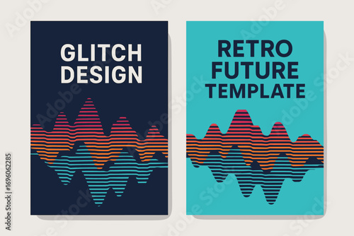 Two vertical A6 banners flat vector design navy and turquoise backgrounds glitch waveforms retro futuristic style first banner with text Glitch Design second banner with text Retro Future.