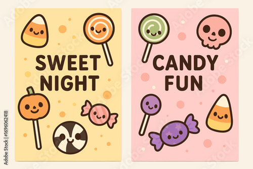 Two vertical A6 banners flat vector design pastel and pink backgrounds cute halloween candies and lollipops kawaii style first banner with text Sweet Night second banner with text Candy Fun.