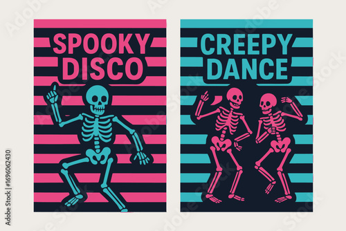 Two vertical A6 banners flat vector design neon pink and cyan striped backgrounds halloween disco party skeleton dancers first banner with text Spooky Disco second banner with text Creepy.