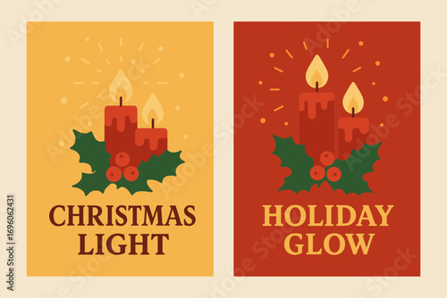 Two vertical A6 banners flat vector design gold and red backgrounds christmas candles with holly glowing light first banner with text Christmas Light second banner with text Holiday Glow.