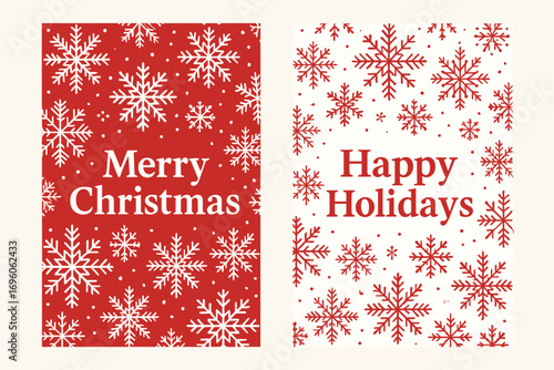 Two vertical A6 banners flat vector design red and white backgrounds decorative snowflakes seamless pattern christmas theme first banner with text Merry Christmas second banner with text.