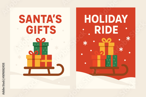 Two vertical A6 banners flat vector design white and red backgrounds sled with gifts snowy hill christmas transport theme first banner with text Santa Gifts second banner with text Holiday.