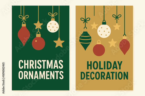 Two vertical A6 banners flat vector design green and gold backgrounds christmas tree ornaments with ribbons baubles and stars first banner with text Christmas Ornaments second banner with.