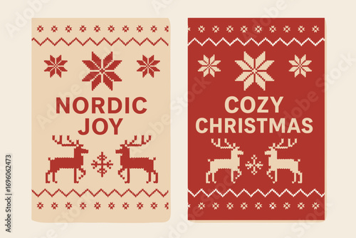 Two vertical A6 banners flat vector design beige and red backgrounds nordic knitted sweater pattern snowflakes and reindeer first banner with text Nordic Joy second banner with text Cozy.