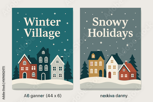 Two vertical A6 banners flat vector design teal and silver backgrounds snowy christmas village at night decorative houses first banner with text Winter Village second banner with text Snowy.
