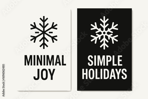 Two vertical A6 banners flat vector design black and white backgrounds modern minimal snowflake icons stylish christmas design first banner with text Minimal Joy second banner with text.