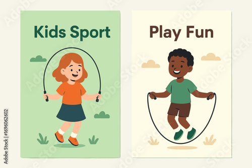Two vertical A6 banners flat vector design pastel green and cream backgrounds children skipping rope school sport fun first banner with text Kids Sport second banner with text Play Fun text.