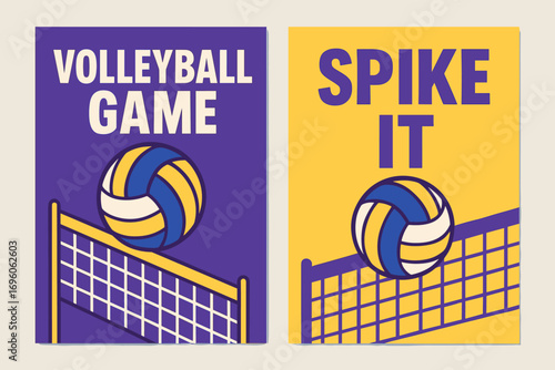 Two vertical A6 banners flat vector design purple and backgrounds volleyball ball with net dynamic theme first banner with text Volleyball Game second banner with text Spike text clear.