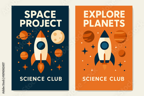 Two vertical A6 banners flat vector design dark blue and orange backgrounds astronomy rocket with planets and moon science club theme first banner with text Space Project second banner with.