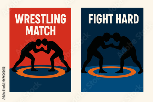 Two vertical A6 banners flat vector design red and navy backgrounds wrestling mat with wrestlers silhouette combat sport first banner with text Wrestling Match second banner with text Fight.