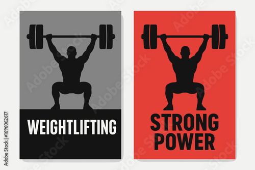 Two vertical A6 banners flat vector design grey and red backgrounds weightlifting barbell with athlete silhouette gym sport theme first banner with text Weightlifting second banner with.