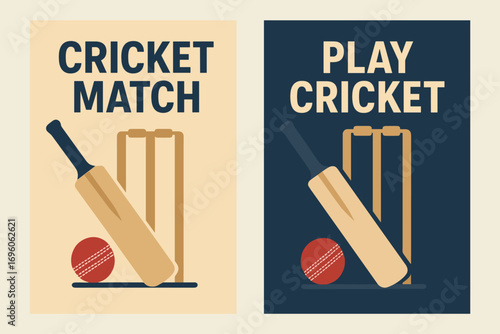 Two vertical A6 banners flat vector design beige and navy backgrounds cricket bat with stumps and ball international sport first banner with text Cricket Match second banner with text Play.