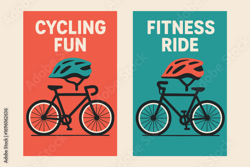 Two vertical A6 banners flat vector design coral and turquoise backgrounds bicycle with helmet outdoor fitness sport first banner with text Cycling Fun second banner with text Fitness Ride.