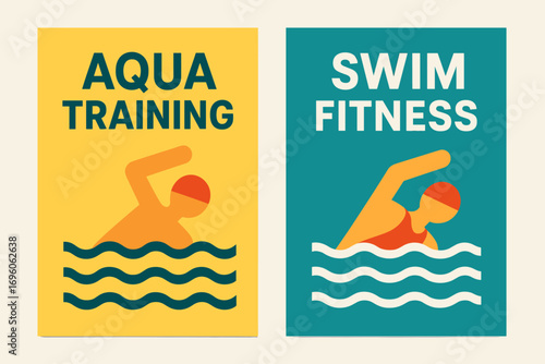 Two vertical A6 banners flat vector design and teal backgrounds swimming pool with swimmer icon aqua fitness first banner with text Aqua Training second banner with text Swim Fitness text.