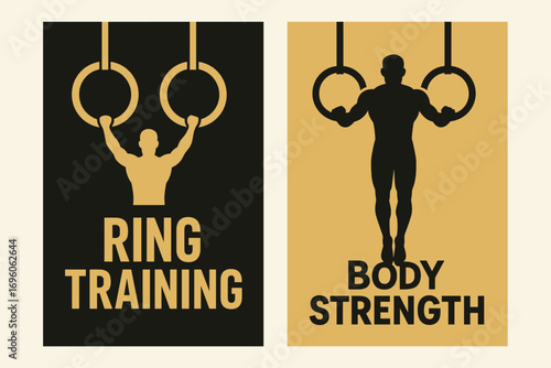 Two vertical A6 banners flat vector design black and gold backgrounds gymnastic rings with athlete silhouette fitness training first banner with text Ring Training second banner with text.