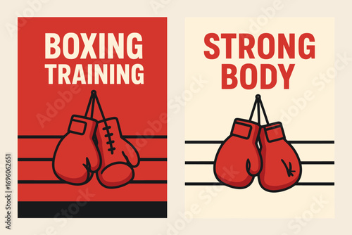 Two vertical A6 banners flat vector design red and cream backgrounds boxing gloves with ring ropes fitness fight training first banner with text Boxing Training second banner with text.