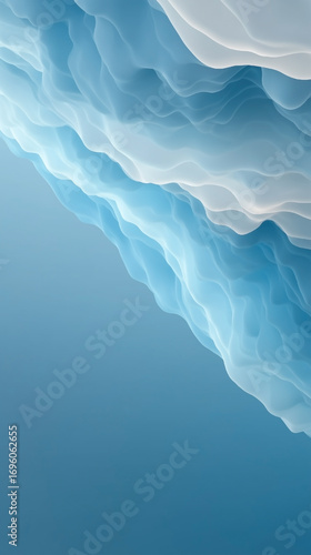 A blue and white image of a wave with a blue background. The image has a calm and serene mood